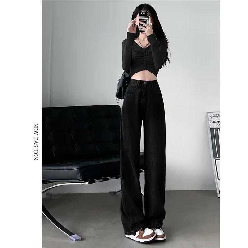 Retro Old Wide-leg Jeans for Women In Autumn and Winter New High-waist Straight and Loose Slimming and Draped Floor Pants