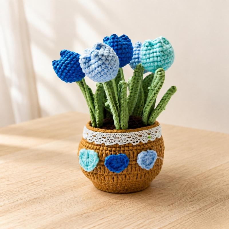 Potted Crochet Tulips Decors with Handcrafted Yarn Texture, Handmade Knitted Potted Flower for Tabletop Display, Gift for Women