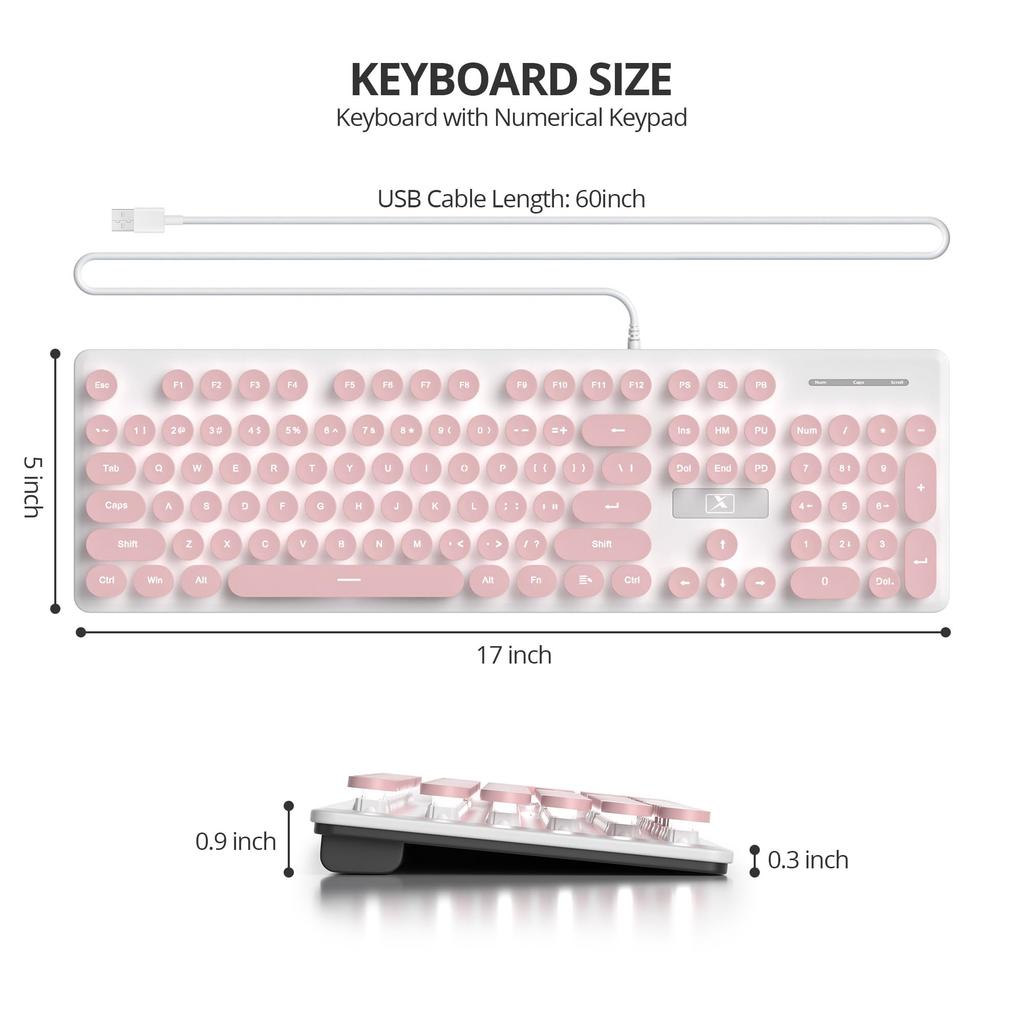 White US Layout Retro Typewriter Round 3 Brightness Full Numeric Silent for Pink & LightWired Keyboard, Style, Keycaps, Backlit, Levels, Size,