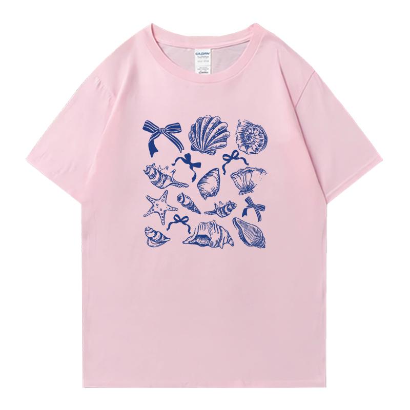 Hot sale Women's Ocean Animal Conch Bow Pattern Oversized t-shirt Unisex Cotton Men Women Casual short sleeve t-shirt Summer Top