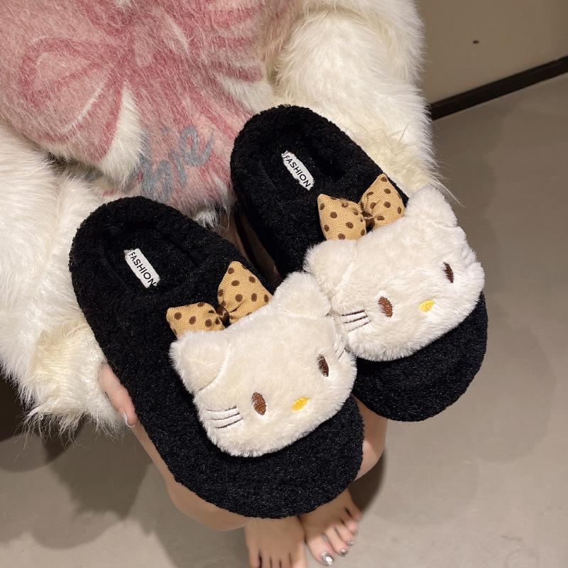 2025 autumn and winter solid color sweetheart bow kt cat hair slippers women's new cute cartoon outer cotton slippers