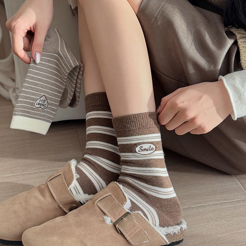Women's Striped Embroidered Wool Mid-Calf Socks - Soft, Thick, Warm, Japanese Style for Autumn/Winter