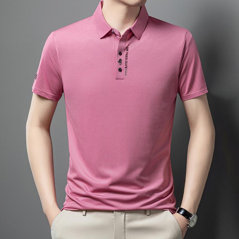 Ice Silk Embroidery Polo Shirt Summer Lapel Elasticity T-shirt Korean Fashion Short Sleeve Business Casual Men Clothing