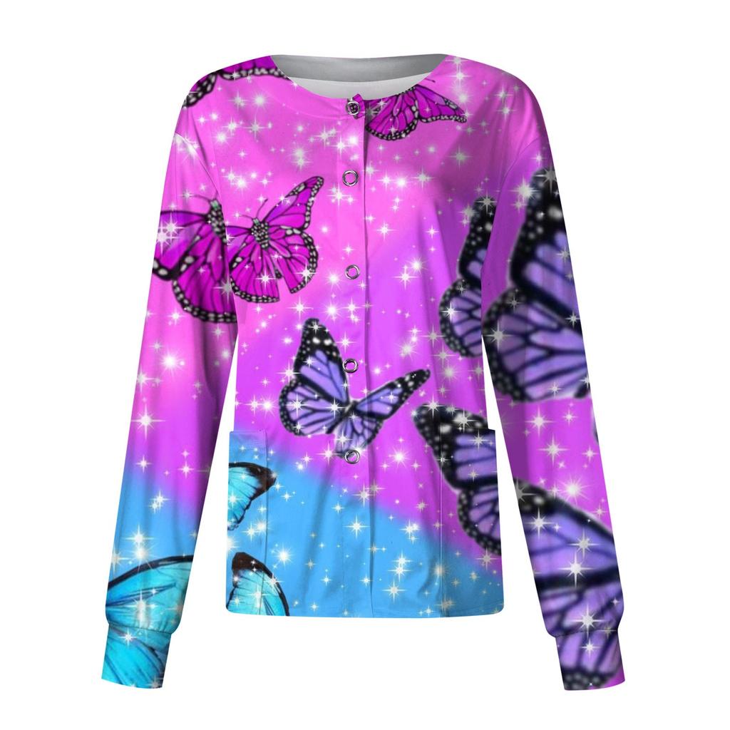 Women Long Sleeve  Print Pattern Pocket Working Stand-up Collar Single-breasted Protective Overalls Cardigan Jacket Top