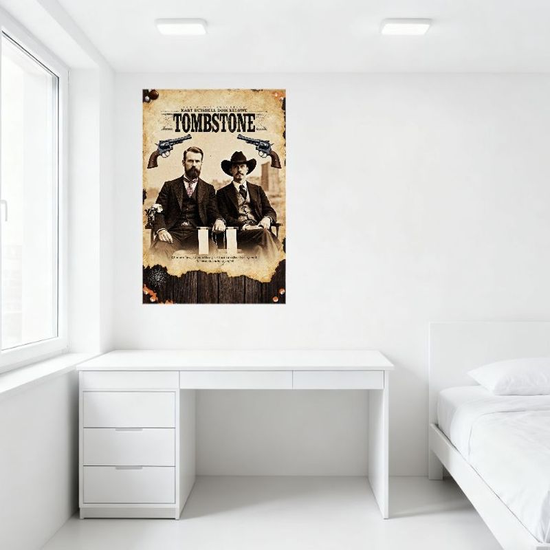 Vintage Tombstone Filmblechschild, Western Cowboy Revolver Design, Retro gealterter Papierstil Wandplakette für Man Cave Bar Heimdekoration