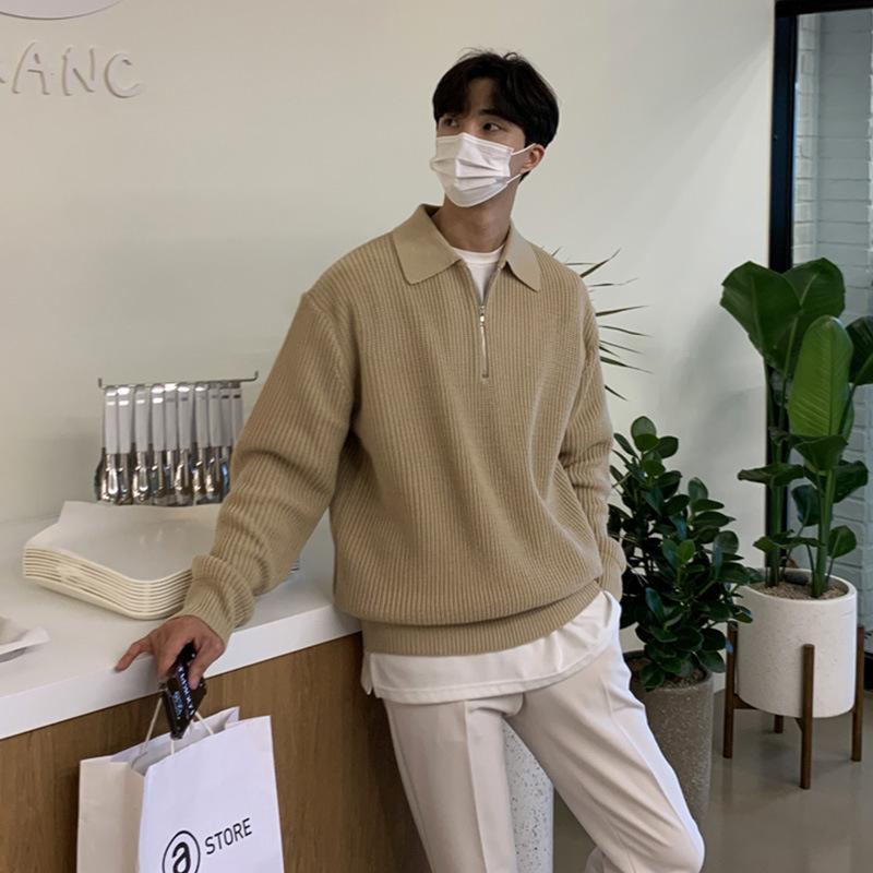 Literary Knitted Sweater Men's Lapel Sweater Loose Men's Half Zipper Polo Collar Spring and Autumn Coat Retro Versatile Sweater