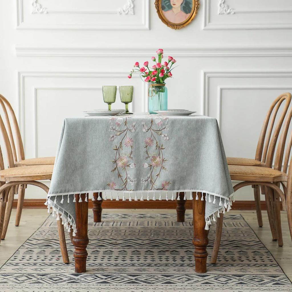 Embroidery Tablecloths Dust Proof Table Cover, Embroidery Flower Tassels Pattern Table Cloths,For Dinning Party Wedding Decor