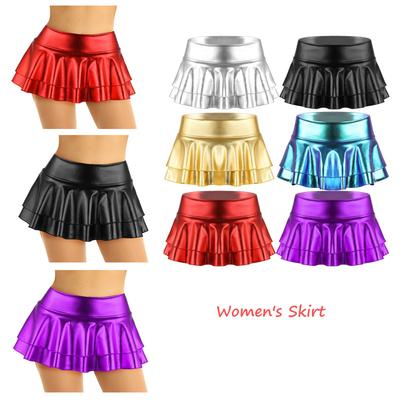 Glänzende Metallic-Low-Rise-Miniröcke für Damen mit Rüschen und Falten, Rave-Party, Clubwear