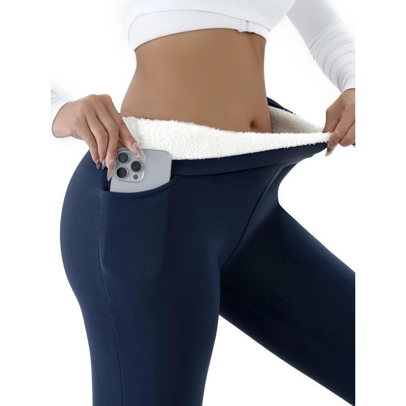 Womens Fleece Lined Leggings High Waist Slim Fit Casual Sports Pants With Pockets