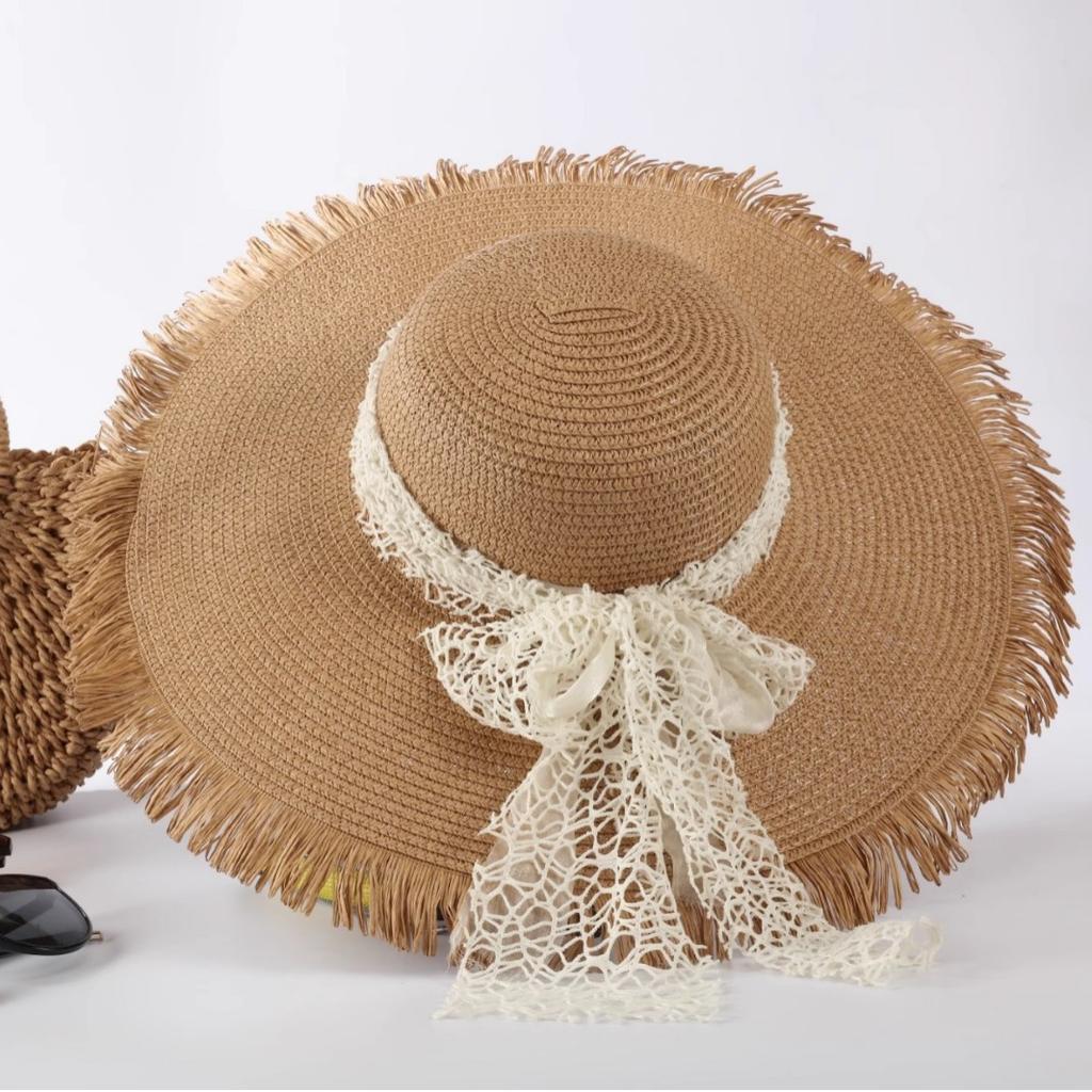 Lace Bow Straw Hat Women's Summer French Large Brim Sunscreen Hat Seaside Beach Vacation Sun Hat