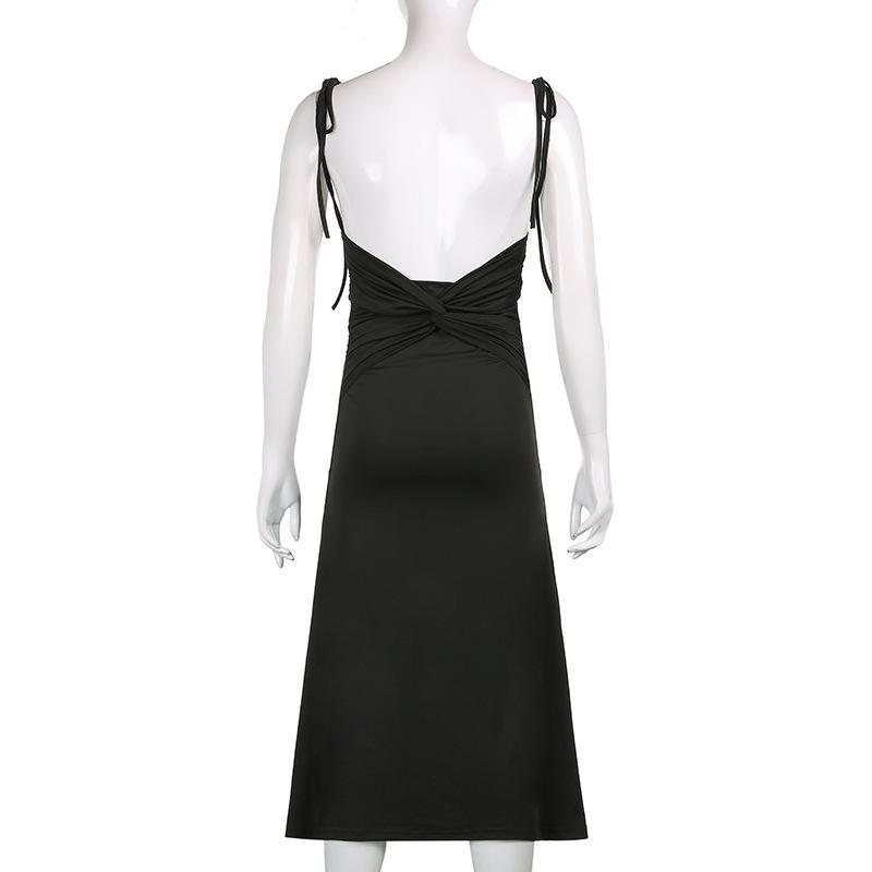 Black Camisole Skirt, Women's Side Waist Small Pleated Waist Tied Slim Dress