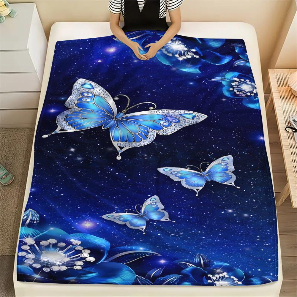1Pc Blue Butterflies Print Flannel Blanket, High Quality Comfortable for All Seasons, Home Decor, Warmth and Comfort, Perfect for Christmas Gifts