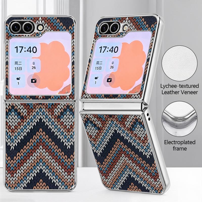 Geometric Cloth Texture Case For Samsung Galaxy Z FlIP 7 FE 6 5 Plating PC+PU Leather Hybrid Folding Cover For Samsung Z Flip7 Flip6 Flip5
