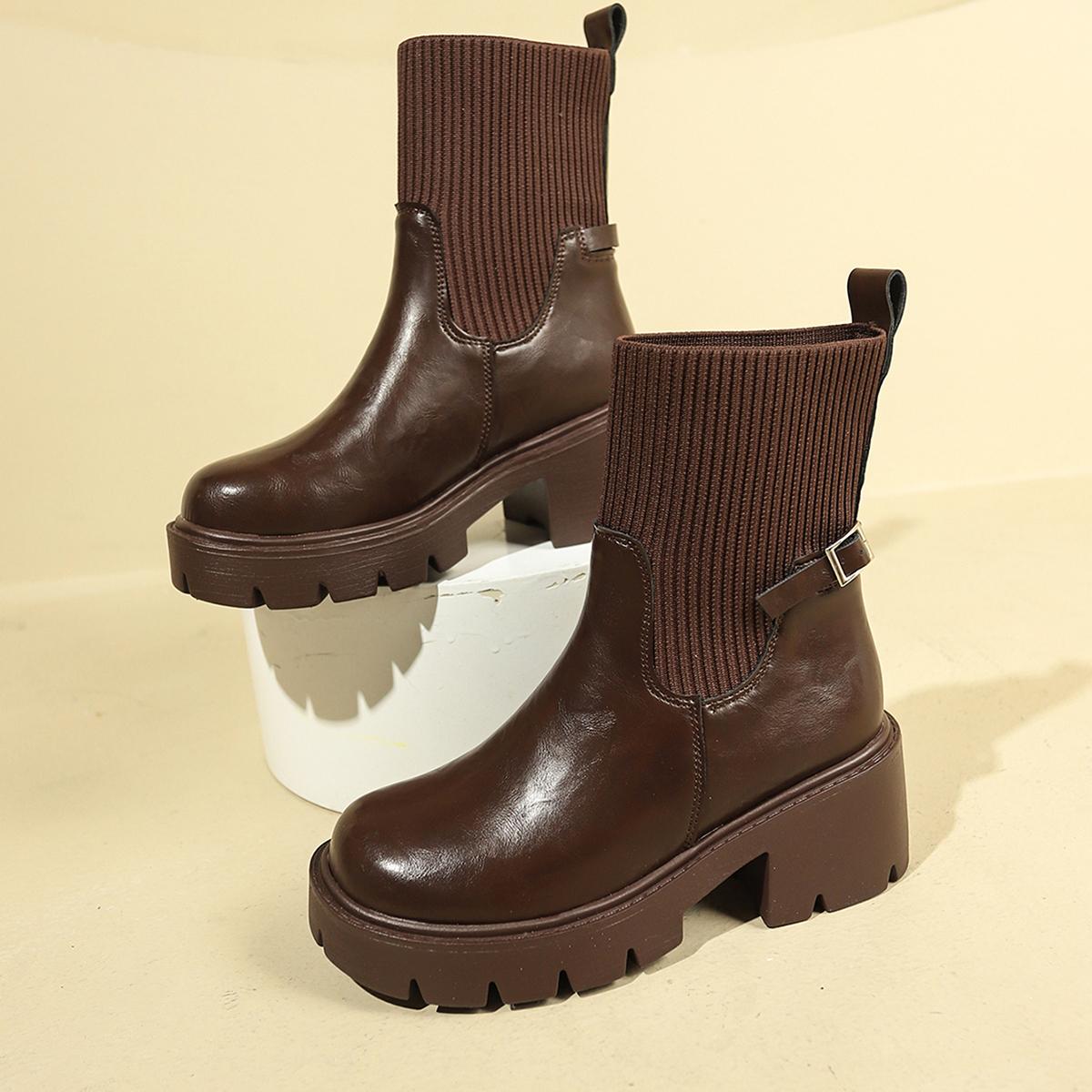 

Женские ботильоны на высоком каблуке, модные зимние туфли на платформе, вязаные туфли, женский бренд, зима 2025, тренд, элегантная офисная обувь, Botas Mujer 43 светло-коричневого