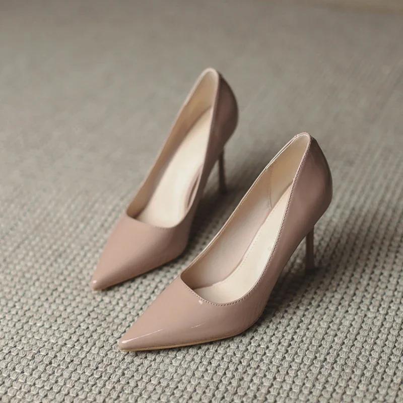 Fashion Autumn New Nude Lacquer Leather High Heels with Thin Heels Versatile Pointed Shallow Mouth Single Shoes