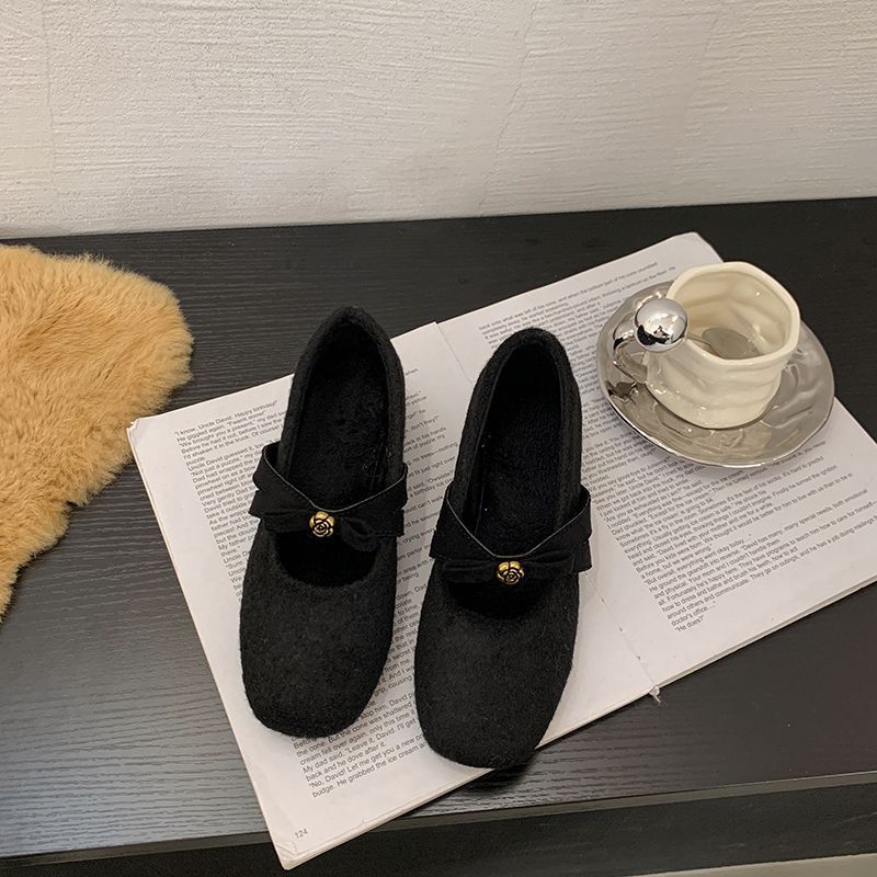 Autumn And Winter Retro Velvet Soft Soled Women's Shoes With Bow Tie Single Shoes