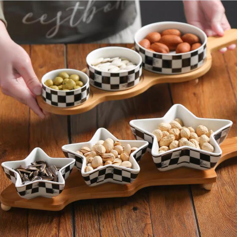 Black and White Grid Geometric Round Ceramic Fruit Platter, Nut Platter, Candy, Afternoon Tea Dim Sum Platter, Wooden Tray