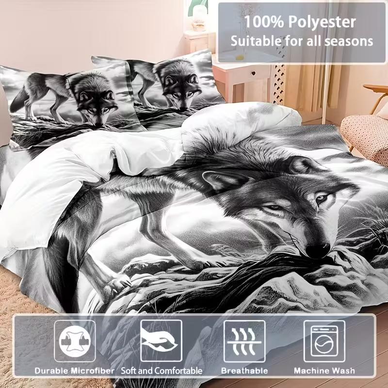 3Pcs Wolf Duvet Cover Set Wild Animal Themed Quilt Cover With Pillowcase Bedding Set For Bedroom Room Home Decor