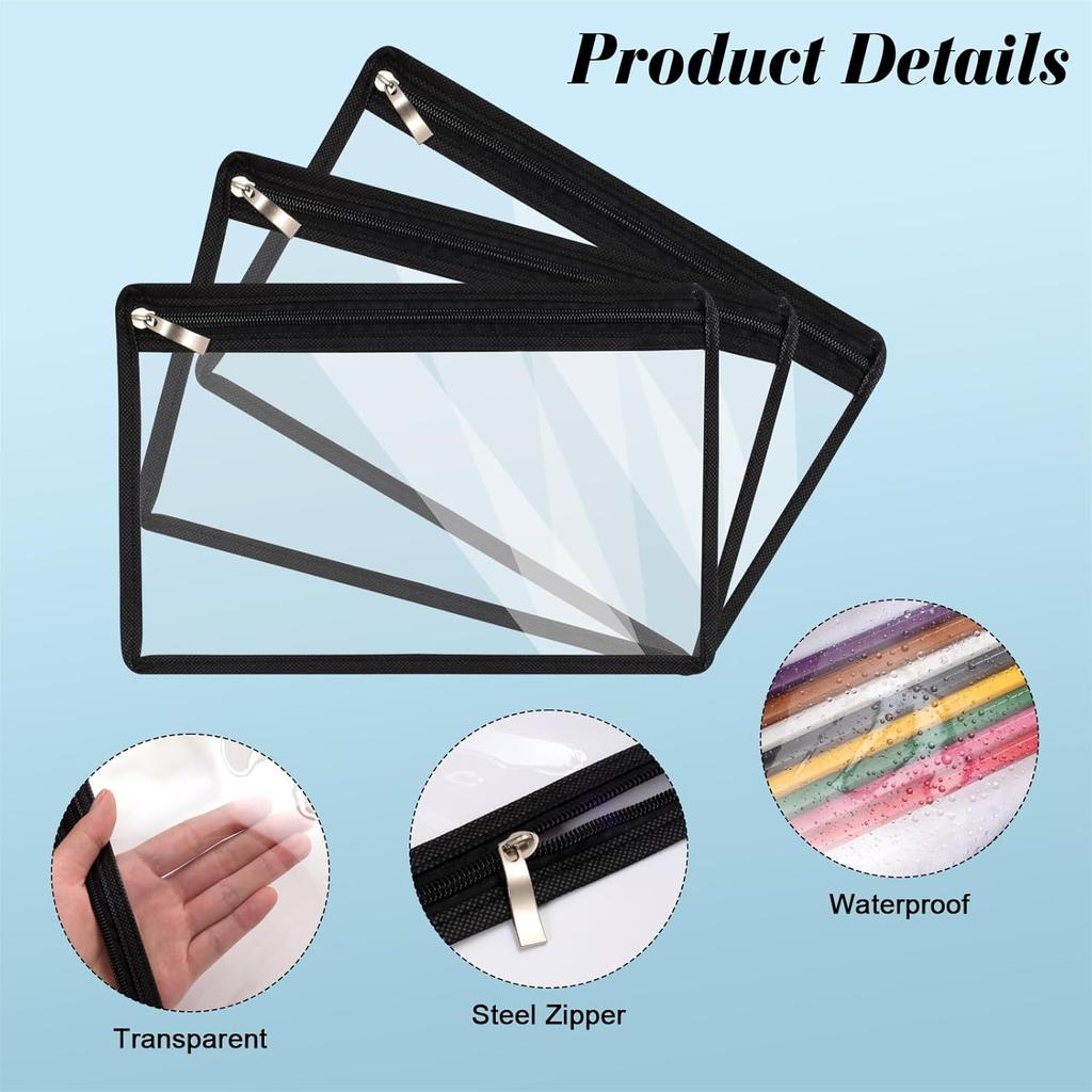 12 Pack Clear Zipper Bags PVC Pencil Pouch Cosmetic Envelope Folder Multi-Purpose Document Organizer Bags 11.41 x 7.48 Inches