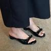 2025 New French Patent Leather Black Bow Sandals Women's Versatile Simple Low-heeled Casual Open-toed Slippers