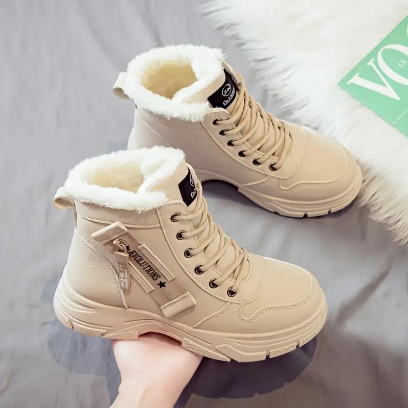Bottines d'hiver pour femmes - Semelle épaisse, Lacets, Tige en PU beige/blanc, Chaud et facile à nettoyer pour le quotidien
