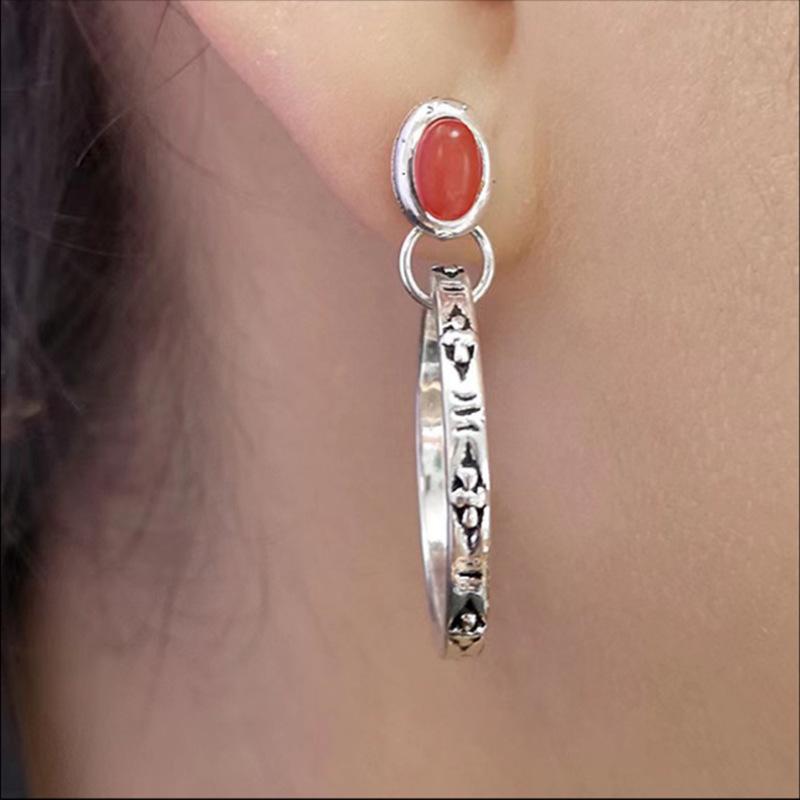 Retro Metal Engraved Circle Earrings with Turquoise Inlay