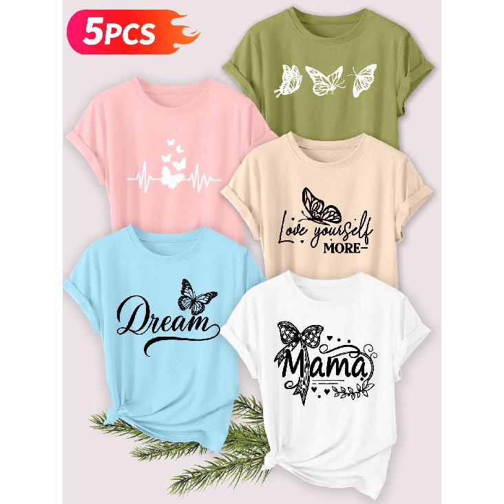 Five-piece set Elegant short-sleeved shirt for women Butterfly series printed round-neck women's short-sleeve shirt suitable for spring and summer