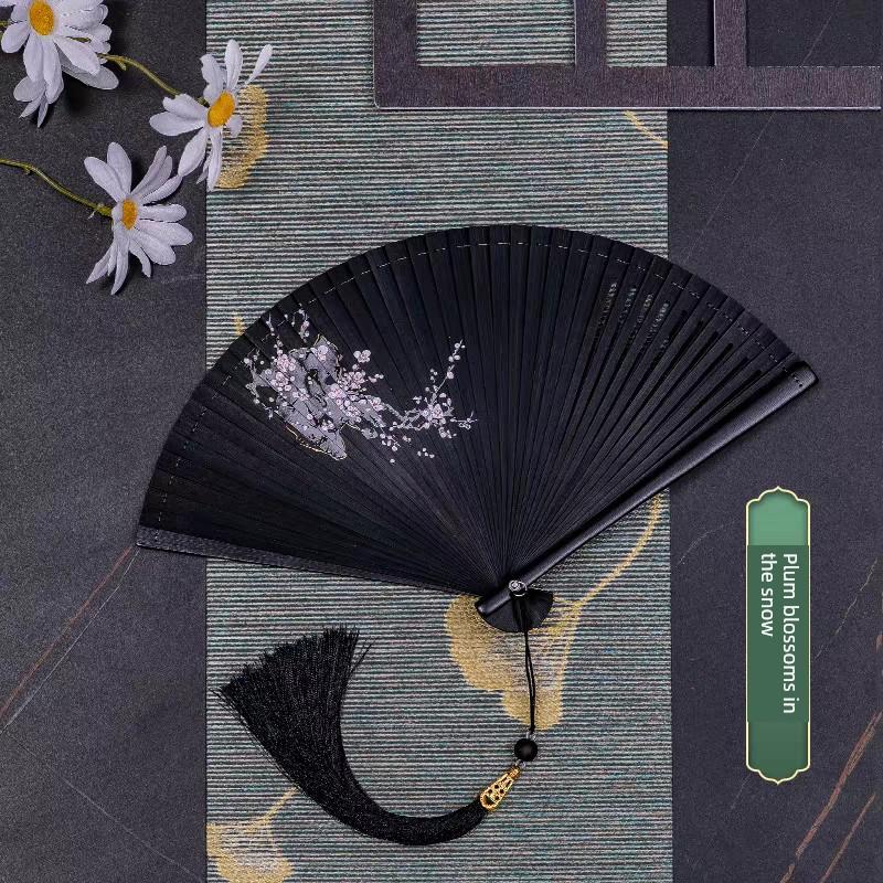 Chinese Style All-Bamboo Classical Fan for Women, Japanese-Style Ancient Classical Black Folding Fan, Bamboo Fan for Hanfu Dance, Portable and Easy