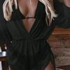 New long-sleeved three-piece mesh waist drawstring printed split bikini swimsuit