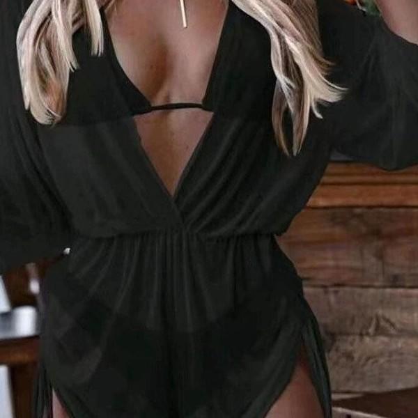 New long-sleeved three-piece mesh waist drawstring printed split bikini swimsuit
