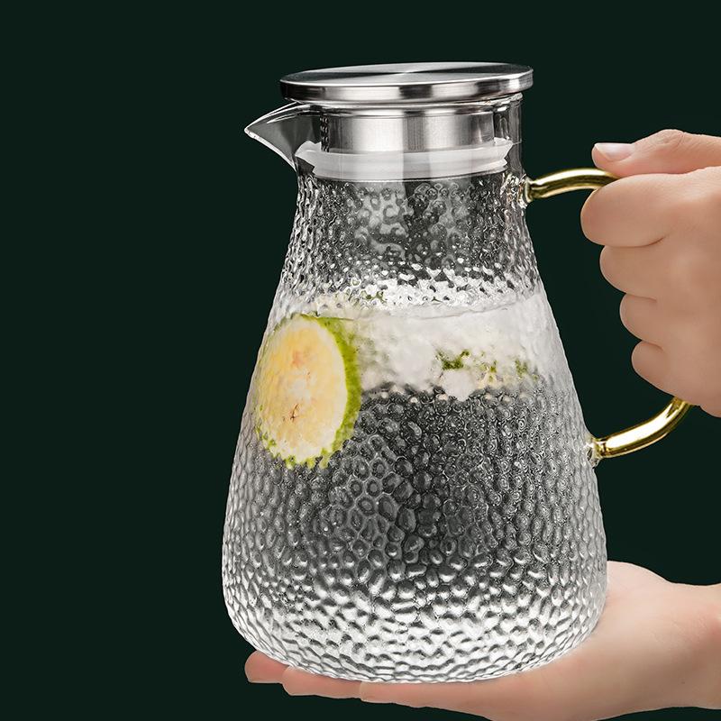 Hervidor de Agua Fría Hervidor de Agua Fría de Vidrio de Alta Capacidad con Patrón Martillado de Borosilicato Alto con Asa, Taza Transparente