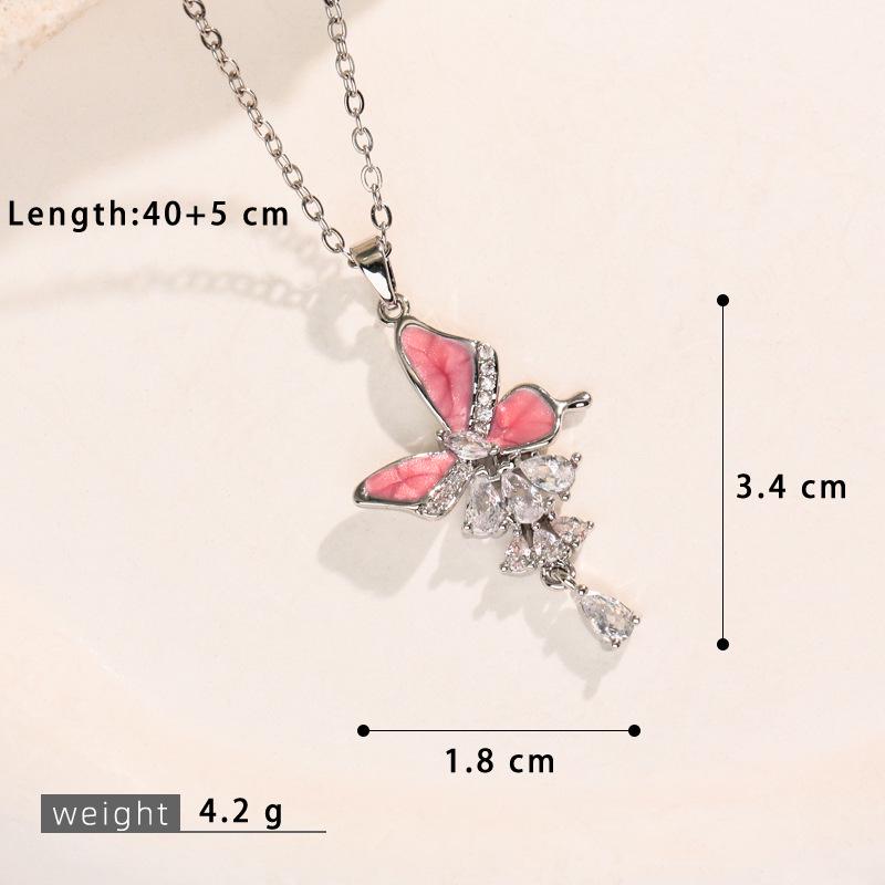 Sweet Temperament Butterfly Pendant Clavicle Necklace - Micro-inlaid Color Drip Oil, New Fashion for Women