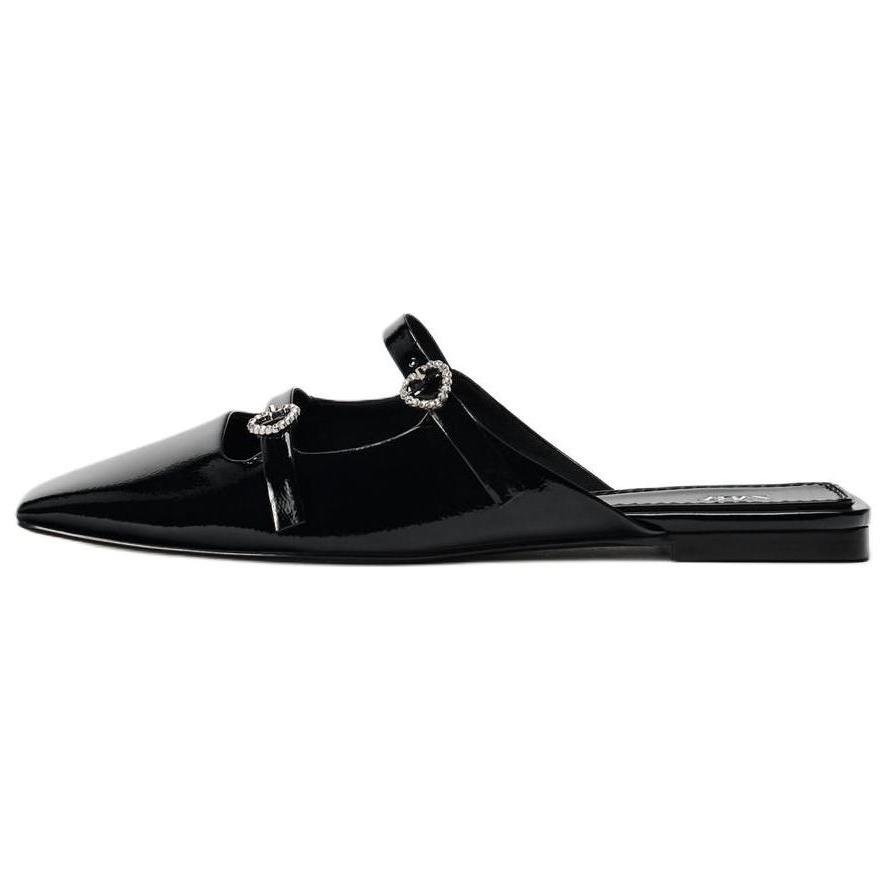 Zara Patent Leather Rhinestone Heart Detail Pointed Toe Mules Black Women 12820410 39