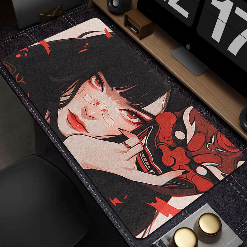 Gamer Mouse Pad Oni Devil Mask Rubber Mouse Mat Anime Girls Large Gaming Mousepad Game HD Print Keyboard Pad Non-Slip Desk Mat