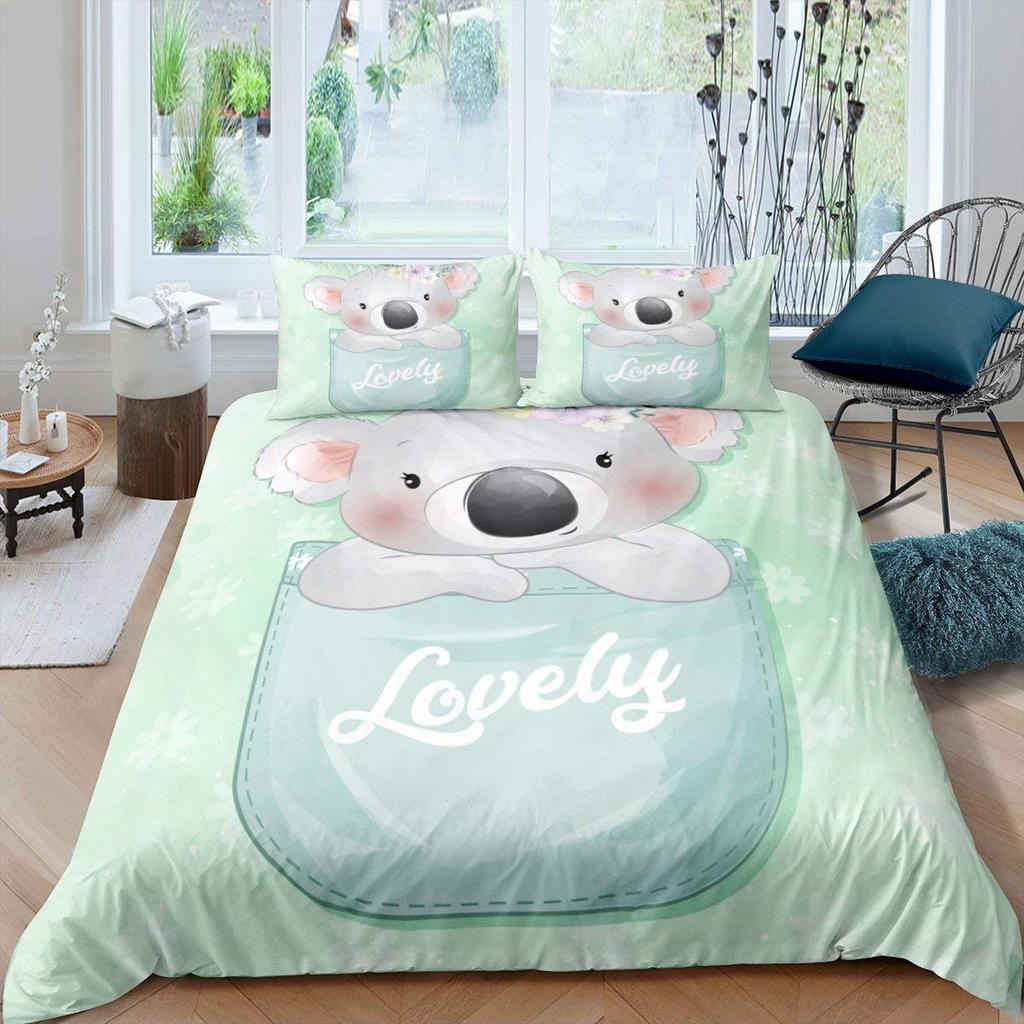 Cartoon Koala Kids Bedspread Cover, Lovely Koala Comforter Cover For Children Toddler Nursery Charming Bear Quilt Cover With Pillowcase