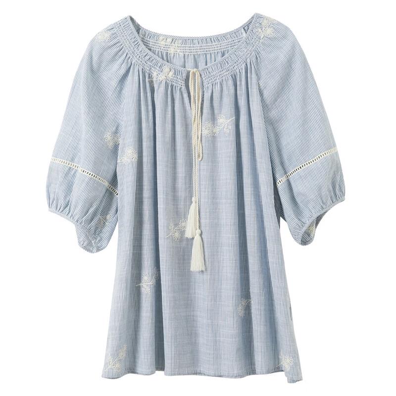 Women's Striped Embroidered V-Neck Pullover Blouse