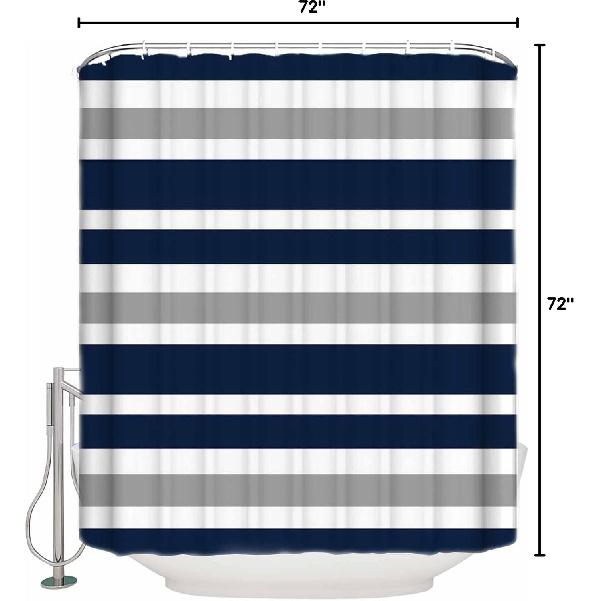 Striped Shower Curtain Navy Blue and Gray, Blue and White Striped Shower Curtain with Hooks for Bathroom Waterproof Bath Curtains for Home Hotel, 72"
