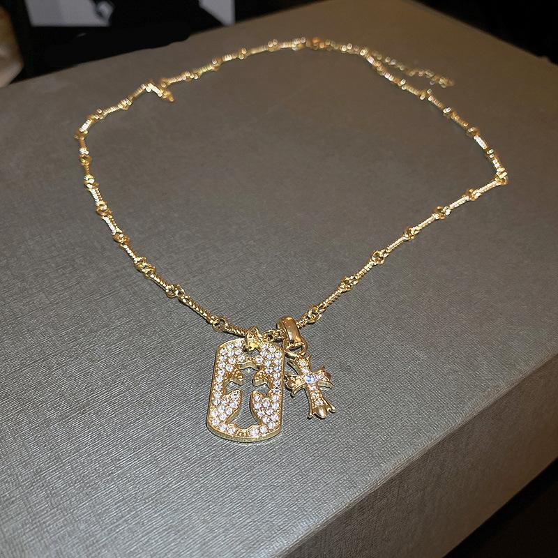 

Diamond-Inlaid Cross Necklace Metal Frosty Style Niche Design Collarbone Chain Sweater Accessory Personality Temperament Zircon золотой