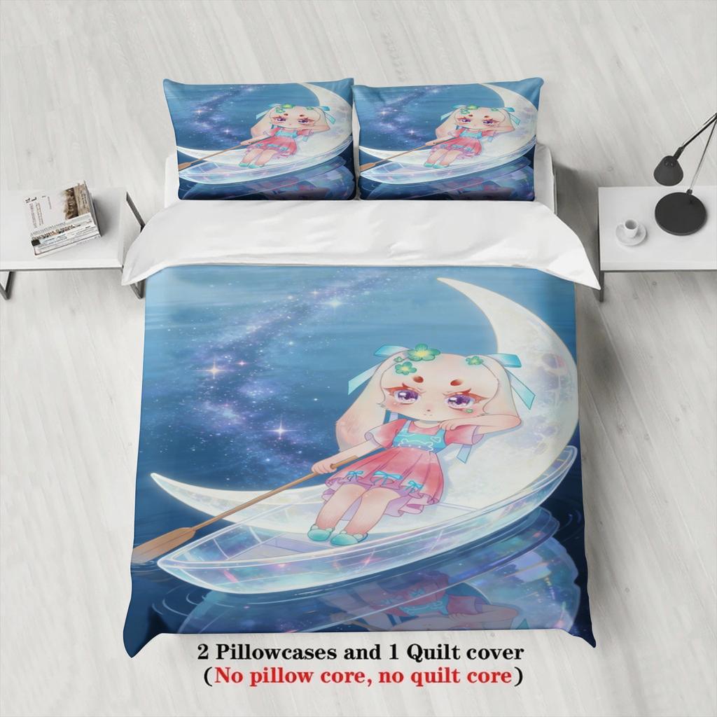 Softville Cozy Town 3PCS Bedding Sets Lop Rabbit Lying Moon Blue Color Pint Duvet Cover No Filling Cartoon Style Queen King Size