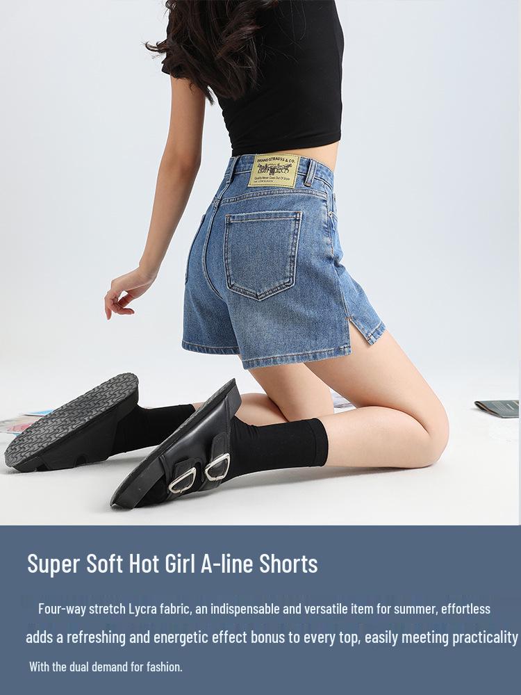 Four-Way Stretch A-Line Denim Shorts - Super Soft, High Quality, Summer Side Slit, Three-Quarter Length Pants