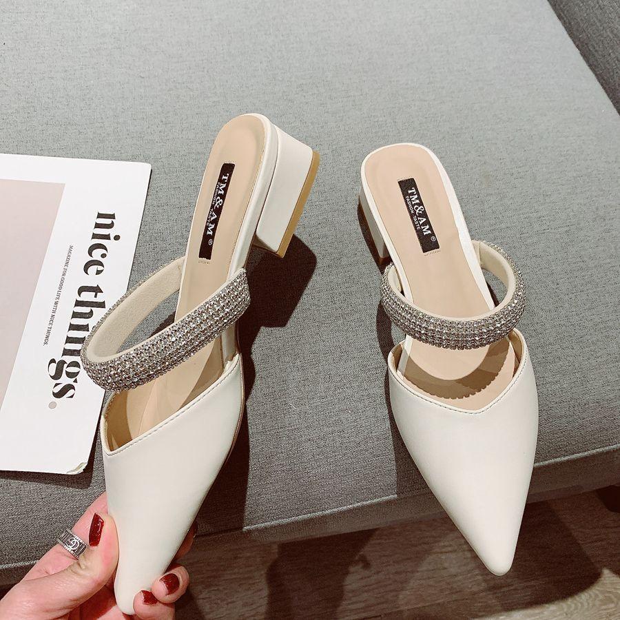 Baotou Half Slippers Women Wear Spring and Summer 2025 New Rhinestone Word with Thick Heel Pointed Head Half Tray Fairy Sandals