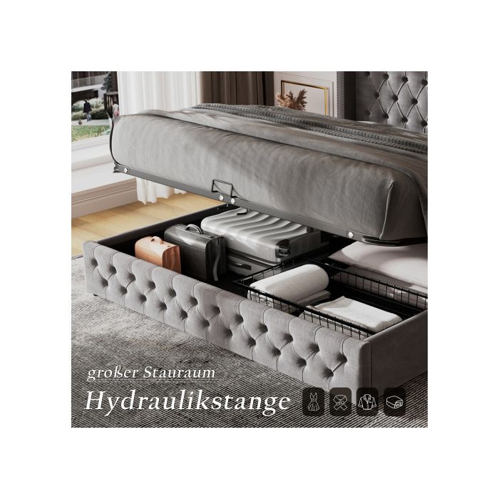 Lit Double - MUVOE - 140x200 Cm - Rembourré En Velours - Tête De Lit Haute - Coffre De Rangement Hydraulique