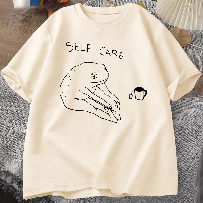 Funny Frog Self Care TShirt Women Retro Cottagecore Frog Print Tshirt Unisex Summer Round Neck Short Sleeve Tee cotton t Shirt