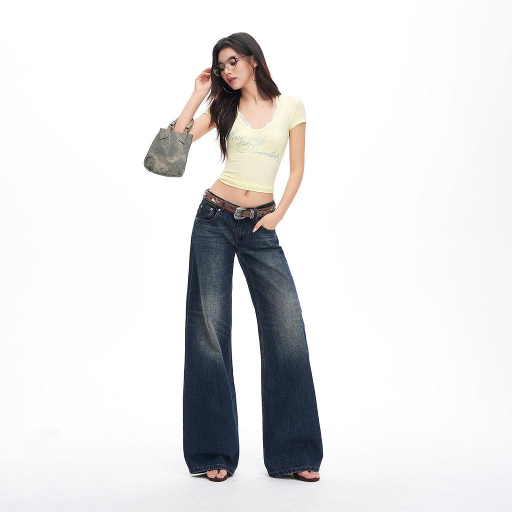 Spring Summer Basic All Match Slub Blue Raw Wash Straight Denim Pants For Ladies Casual Pants Oversize Denim Trousers