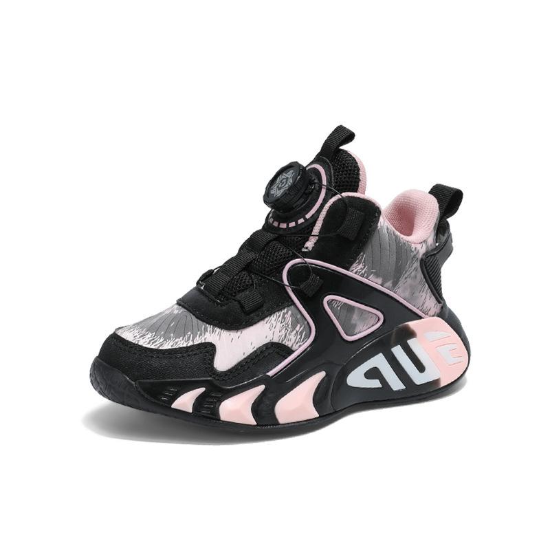 Children's rotating button sneakers 2025 autumn and winter new girls waterproof running shoes boys lightweight basketball shoes