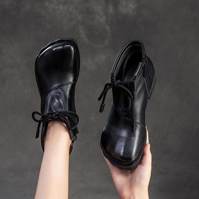 Johnature Retro Versatile Flat Short Boots Comfortable Commuting Casual Genuine Leather Women's Shoes