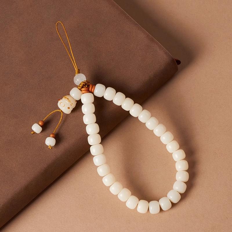 White Bodhi Cat Paw Beaded Phone Wrist Strap Lanyard Charm