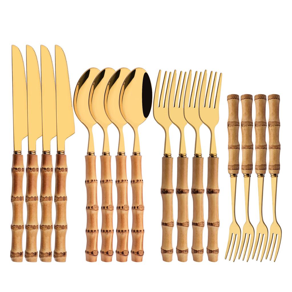 16-Piece Bamboo Handle Silverware Set Stainless Steel Flatware Set Include Spoons Forks Knives and Tea Forks, Cutlery Utensils Serves 4