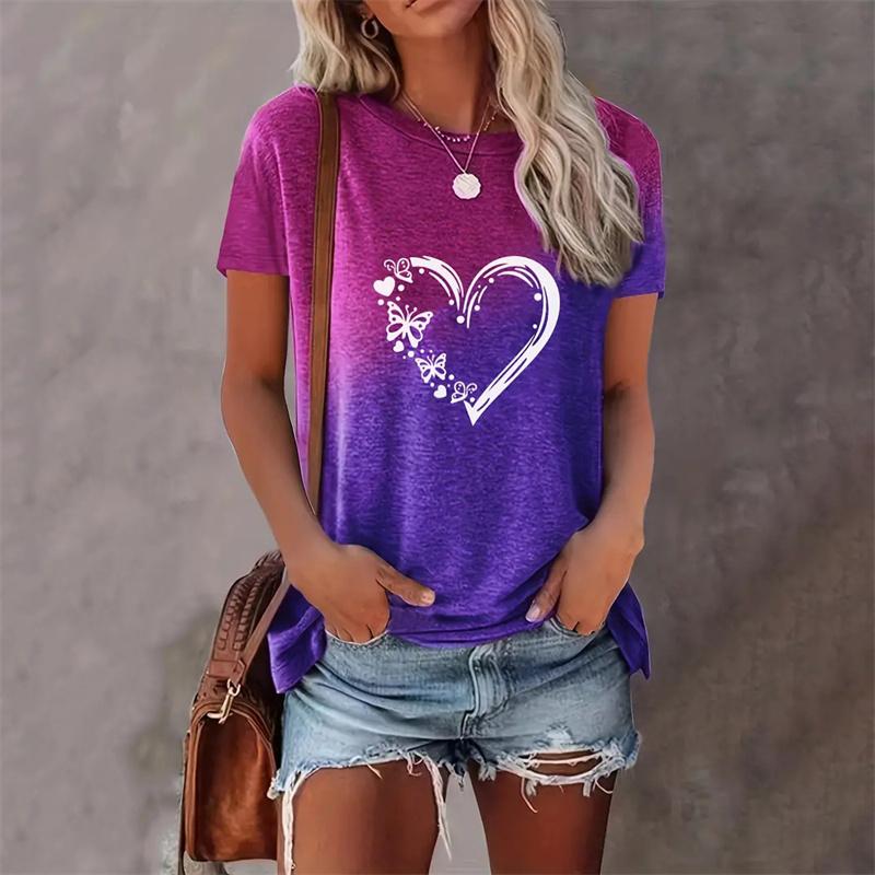 Colorful Gradient T Shirt For Women Love Heart 3D Printed Tee Summer Oversized Tops Short Sleeves Round Neck T-Shirts Streetwear