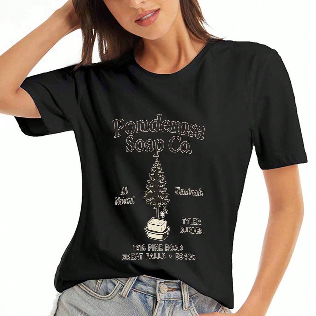 Ponderosa Soap Co. Ladies Cotton T Shirt, Pure Cotton Premium Print, Durable, Casual And Fashionable, And Handmade, 1218 Pine Road Great Falls Design